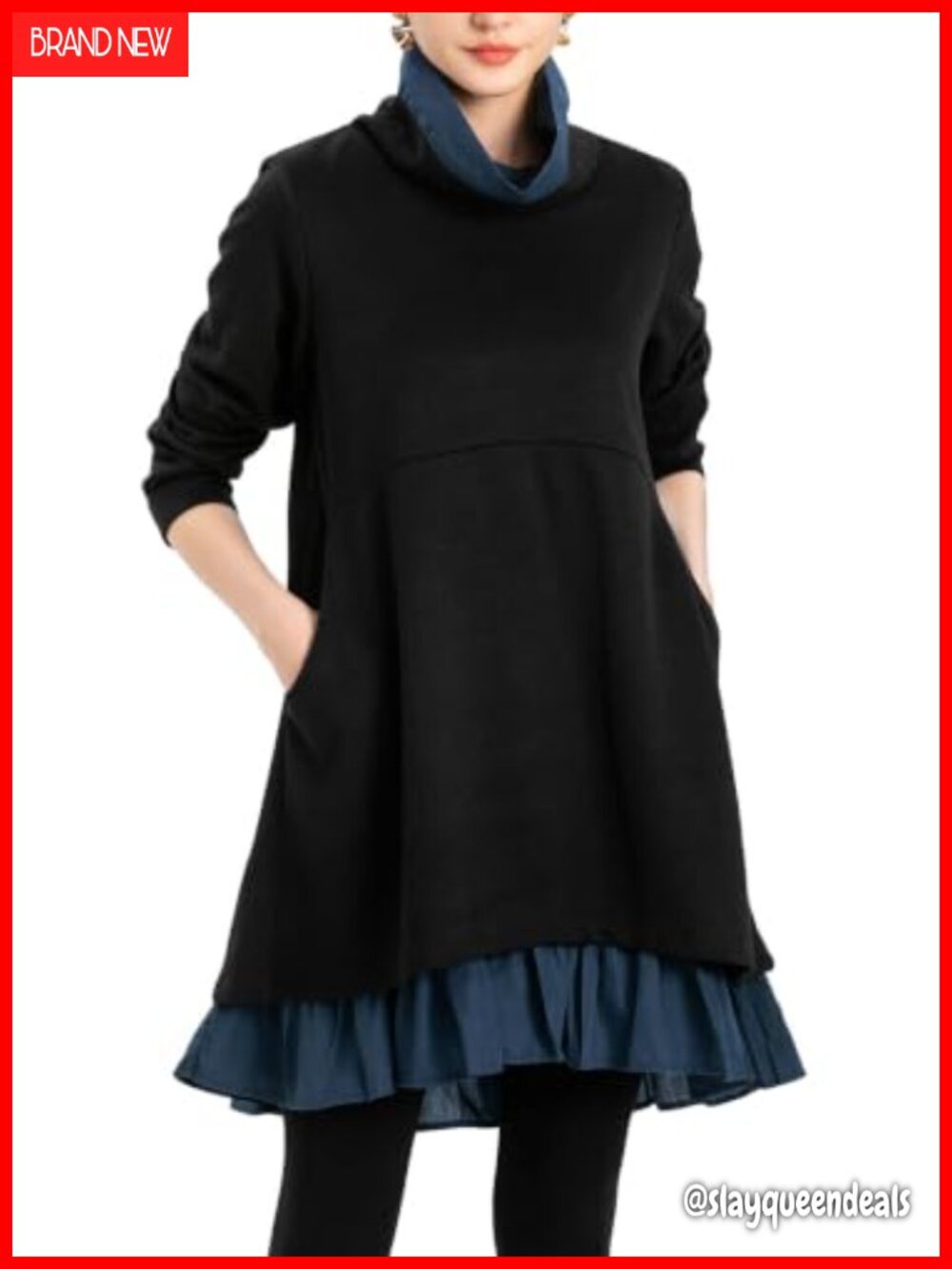 Oversized Turtleneck Sweatshirt Dress Ruffle Hem Pockets